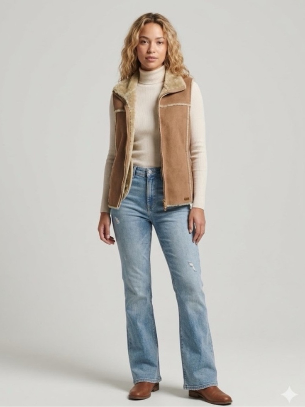 Y2K Faux Shearling Vest Tan Suede Boho Western Penny Lane Style Sz Small
